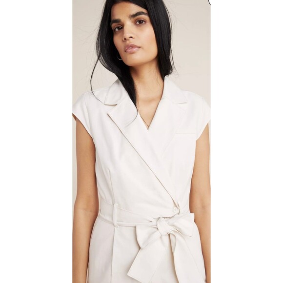 Anthropologie Sz 6 ELIZA Jumpsuit Cap Sleeve Wrap Neck Off-White Beige Jumpsuit - Picture 2 of 8